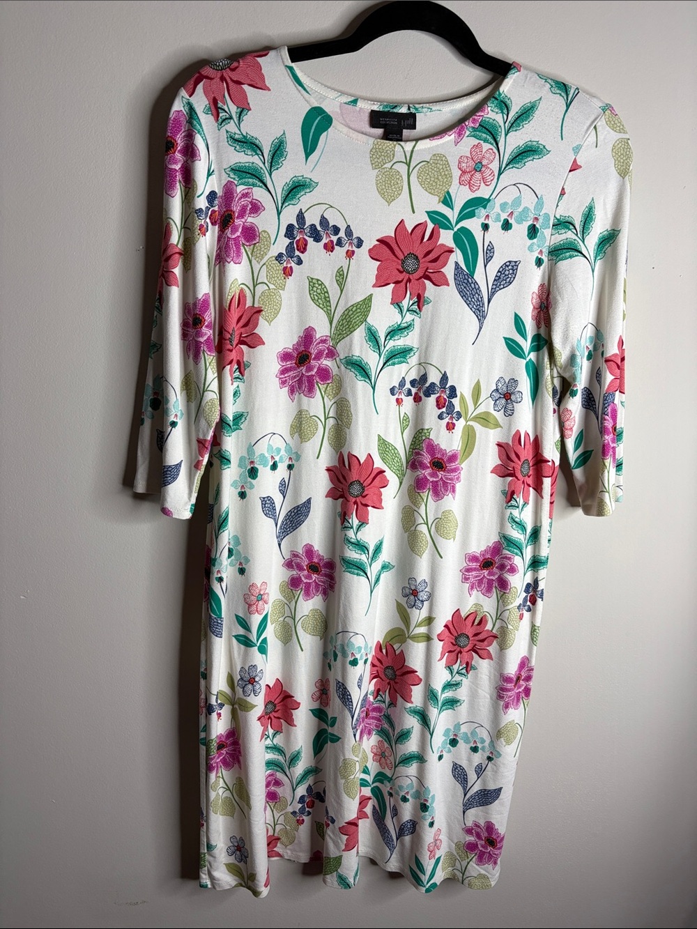 J. Jill White Midi Dress with Pink & Green Floral Print